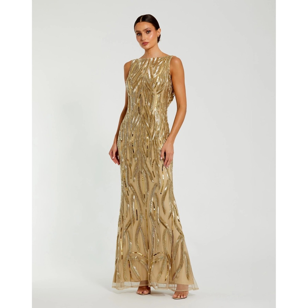 NWT Mac Duggal Gold High Neck Sleeveless‎ Embellished Gown $798 - Size 8 - Picture 2 of 11